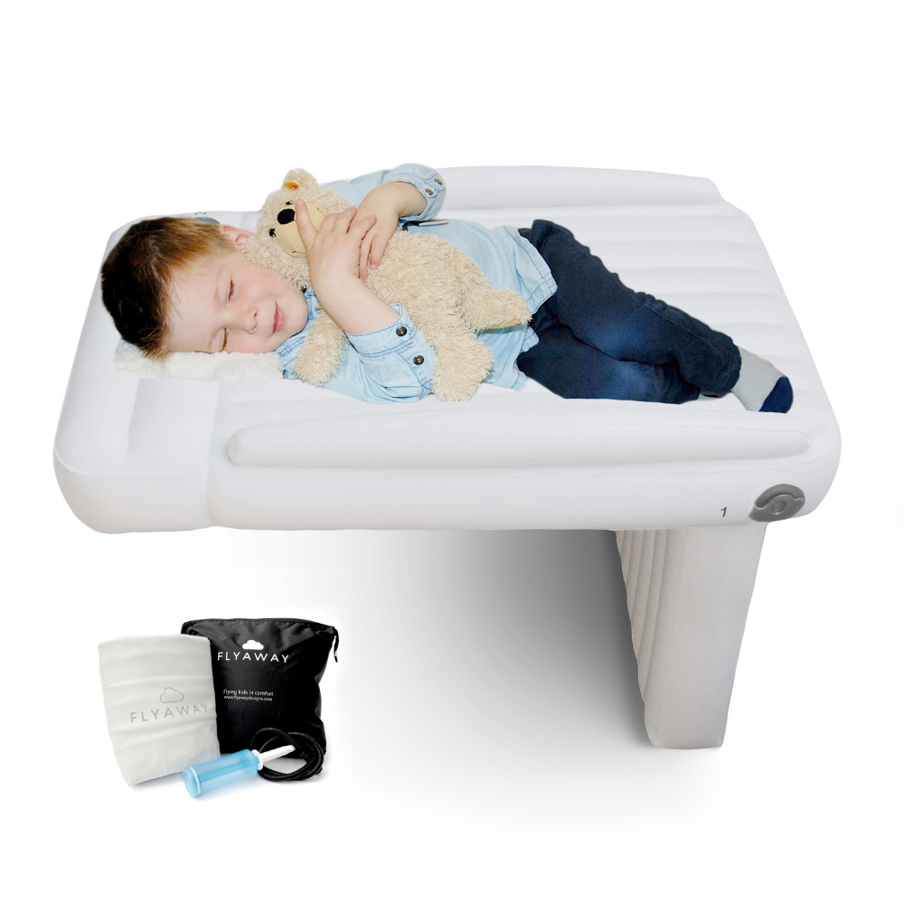Flyaway Kids Bed helps your child sleep and play on the plane. Fly Away is perfect for toddlers, and babies flying long distance as they can lay down on the plane seat without an infant car seat